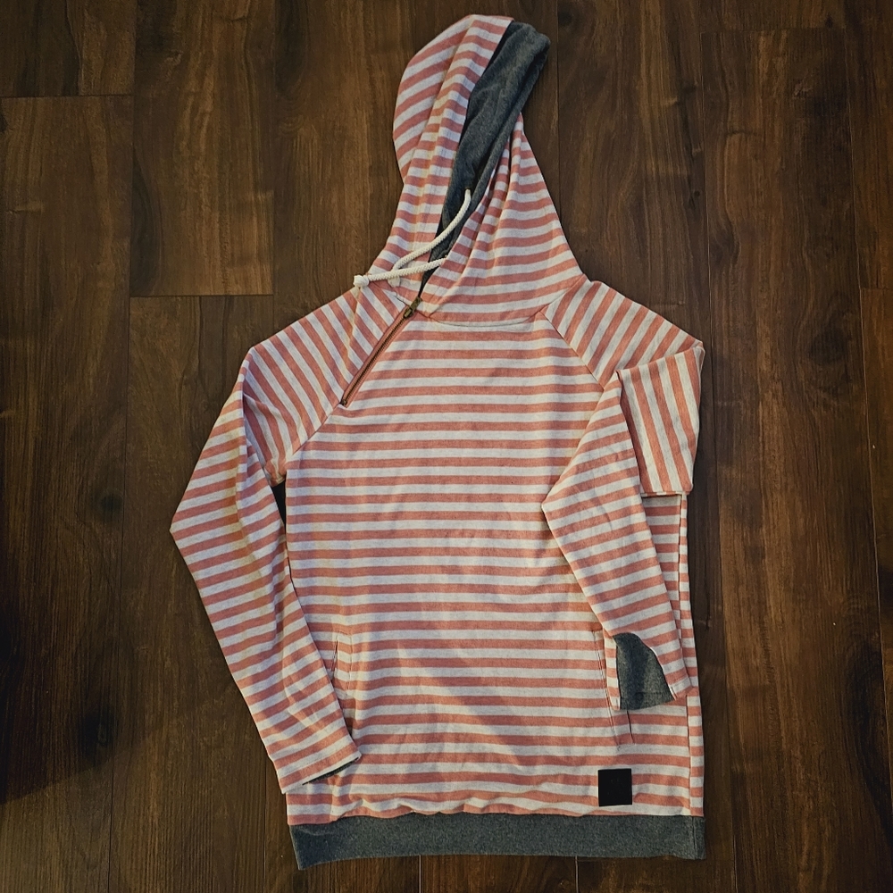 Pink and White Striped Double Hoodie Large
